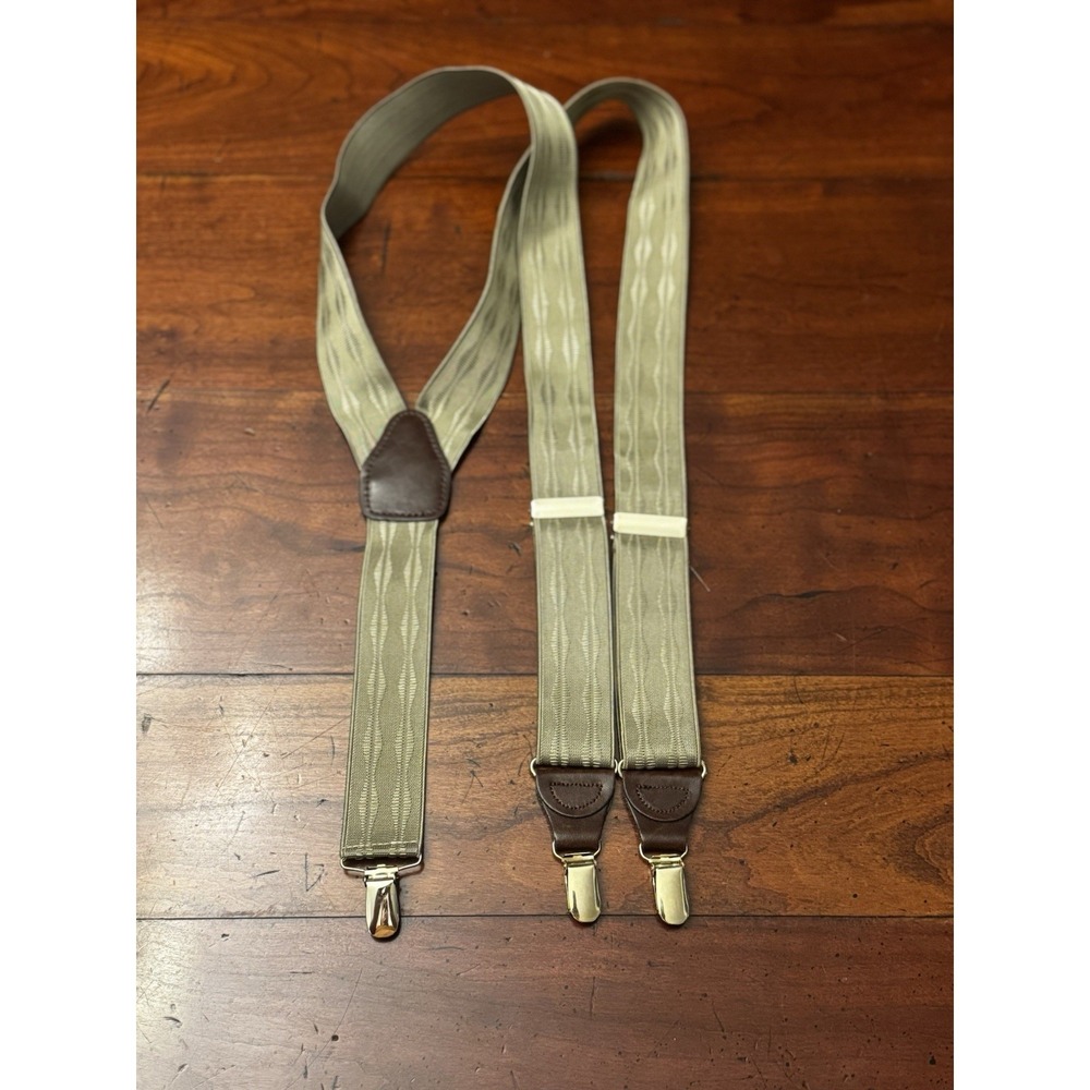 Vintage Pelican Khaki Leather Suspenders With Gold Clasps